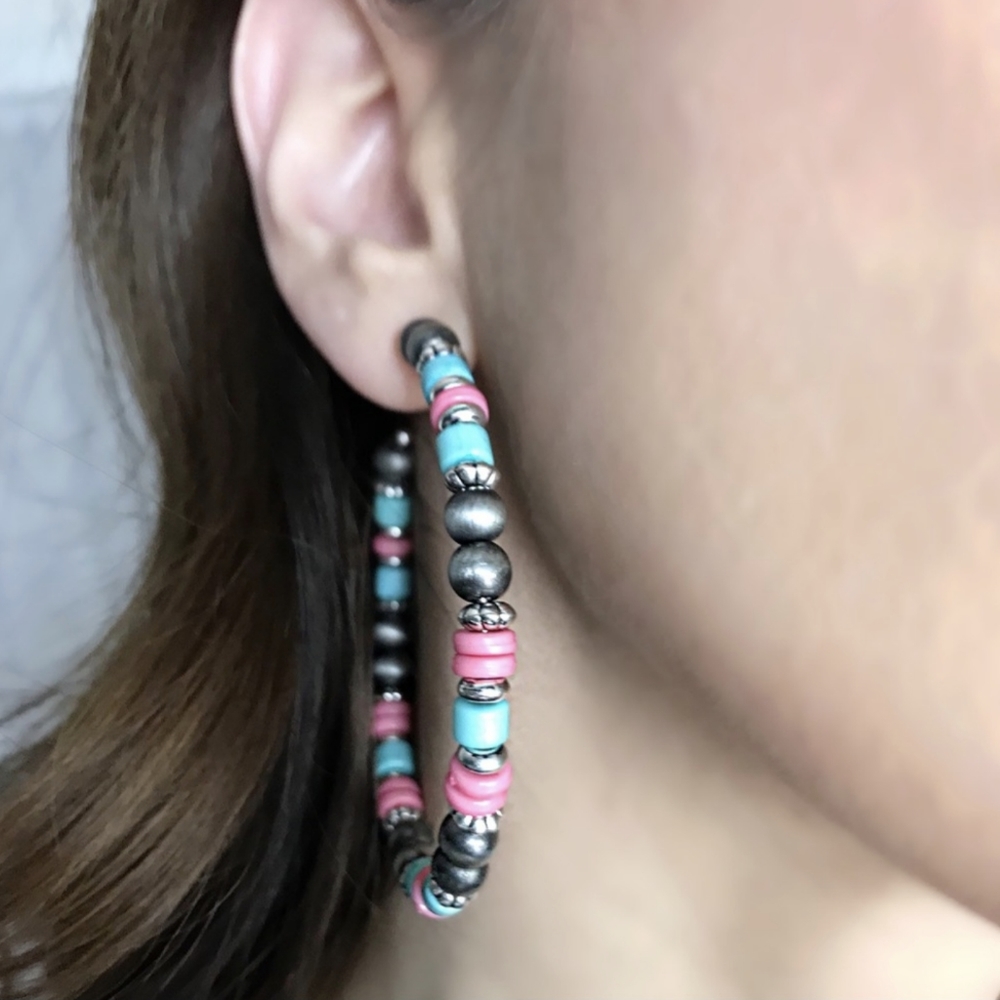 Colorful Hoop Earrings w/Turquoise Stones, Pink & Gunmetal Beads - Picture 3 of 4